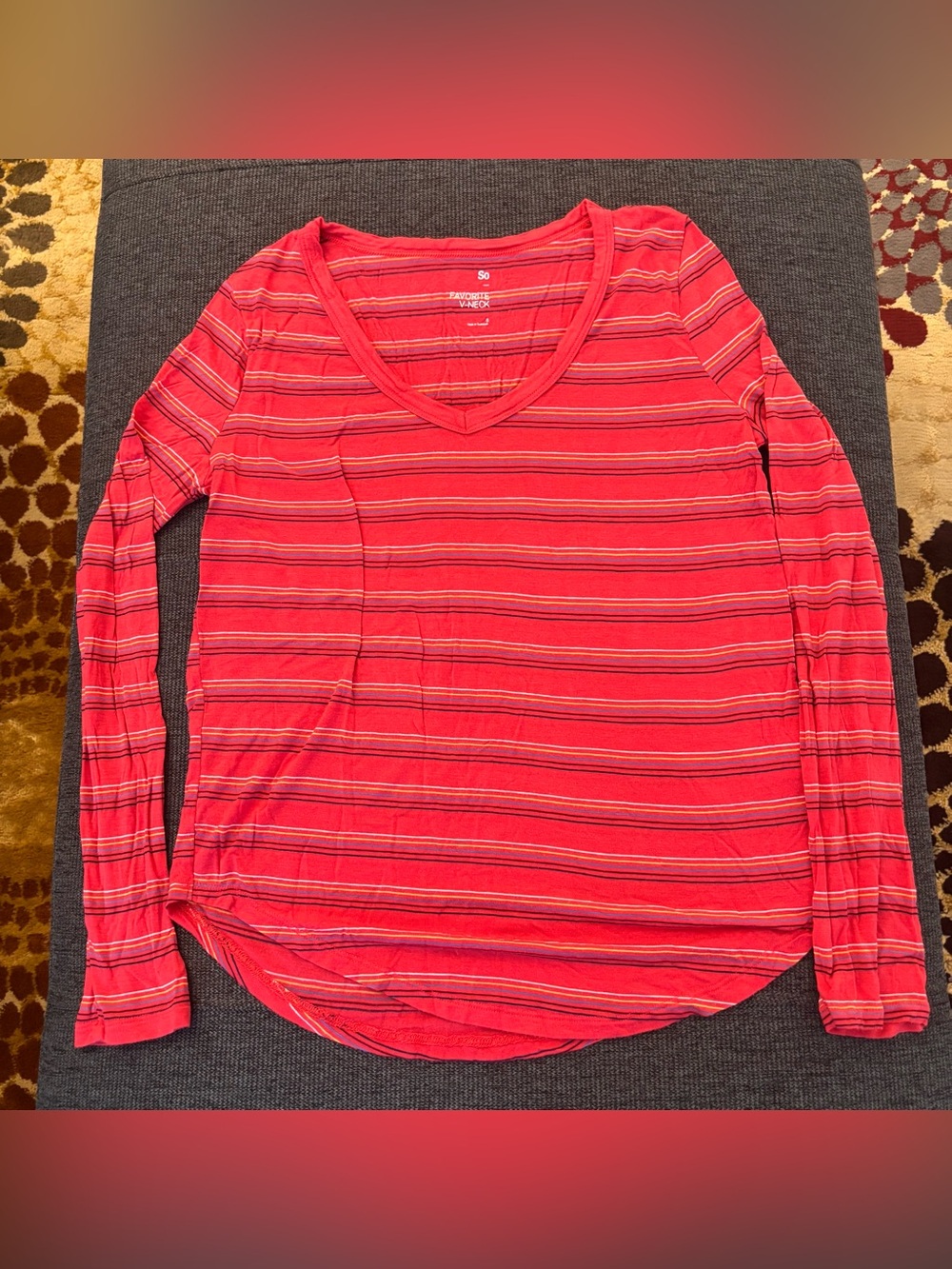 SO Red Striped V-Neck Long Sleeve Top